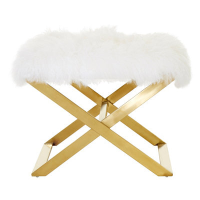 Orsina White Sheepskin Stool ,silver Finished Kitchen Seat With Crossed Legs, Patio Stool,metal Framed Lounge Stool - image 1