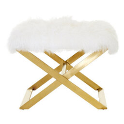 Orsina White Sheepskin Stool ,silver Finished Kitchen Seat With Crossed Legs, Patio Stool,metal Framed Lounge Stool - thumbnail 1