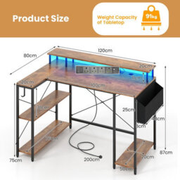 Costway L-Shaped Gaming Desk With Led Lights 120 Cm Computer Desk With Monitor Stand - thumbnail 2