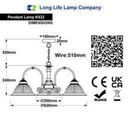 Long Life Lamps Company Vintage Ceiling 3 Light Brushed Chrome Pendant Light Ribbed Glass Lamp Shade K432 - thumbnail 2