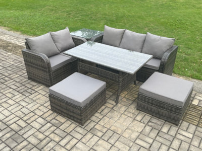 Fimous Rattan Garden Furniture Set With Oblong Dining Table 2 Big Footstool Side Table 7 Seater Outdoor Lounge Sofa Set - image 1