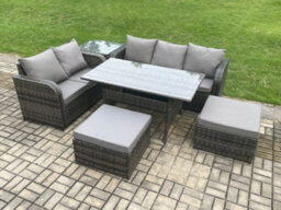 Fimous Rattan Garden Furniture Set With Oblong Dining Table 2 Big Footstool Side Table 7 Seater Outdoor Lounge Sofa Set - thumbnail 2