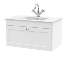 Balterley Swynnerton Traditional 1 Drawer Wall Hung Vanity Unit With Basin, Satin White, 800mm - thumbnail 1