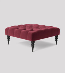 Alyana 60Cm Square Ottoman Bench With Wooden Legs - Claret Red Plush Velvet Chesterfield Upholstered Footstool