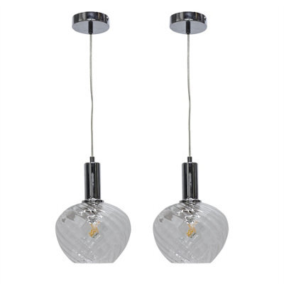First Choice Lighting Set Of 2 Bradson - Clear Swirl Glass Chrome Deco Pendant Fittings - image 1