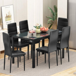 Kosy Koala Black Glass Dining Table Set With 6 Black Faux Leather Chairs Kitchen Dining Room Furniture