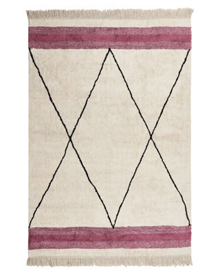 Beliani Boho Cotton Area Rug 140 X 200 Cm - Beige With Black Geometric Pattern And Pink Stripes, Tasselled Edges - image 1