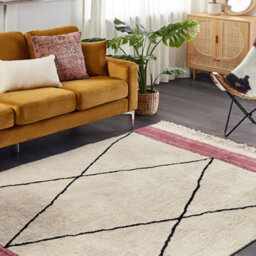 Beliani Boho Cotton Area Rug 140 X 200 Cm - Beige With Black Geometric Pattern And Pink Stripes, Tasselled Edges - thumbnail 2