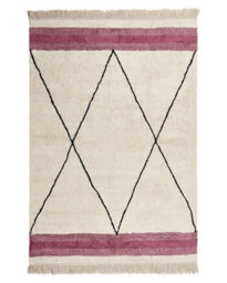Beliani Boho Cotton Area Rug 140 X 200 Cm - Beige With Black Geometric Pattern And Pink Stripes, Tasselled Edges - thumbnail 1