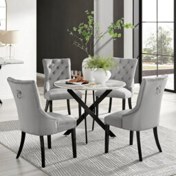 Furniturebox Uk Novara White Marble Black Leg Round Dining Table & 4 Grey Belgravia Black Leg Chairs - thumbnail 1