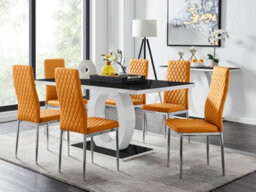 Furniturebox Giovani Rectangular 6 Seat White High Gloss Halo Dining Table Black Glass Top 6 Mustard Faux Leather Silver Leg Milan Chairs