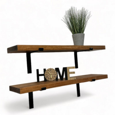 MKGT Set Of 2 Rustic Shelves, Wooden Shelving With Brackets For Wall (Tudor Oak, 60Cm (0.6M) - image 1