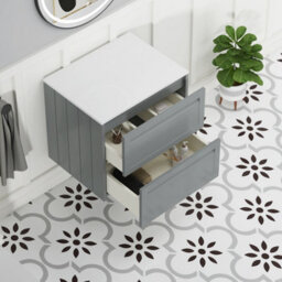 Royal Bathrooms Royal Bathroom Elmore 600mm Matt Pebble Grey Wall Mounted Bathroom Vanity Unit 2 Drawer Plain White Worktop With Nova Basin - thumbnail 6