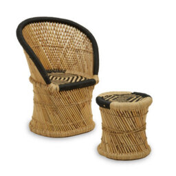 Orsina Comfortable Natural And Grey Chair And Stool, Handwoven Rattan Design Armchair, Sustainable Bamboo Chair