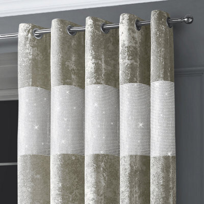 Intimates Diamante Velvet Fully Lined Curtains - Luxury Ring Top Window Drapes - Natural