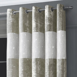 Intimates Diamante Velvet Fully Lined Curtains - Luxury Ring Top Window Drapes - Natural