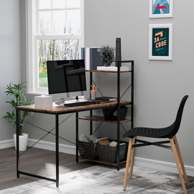 Homcom Computer Desk Laptop Table W/4-Tier Bookshelf Metal Frame Brown, Black - image 1