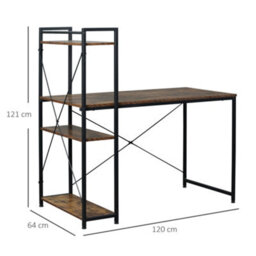 Homcom Computer Desk Laptop Table W/4-Tier Bookshelf Metal Frame Brown, Black - thumbnail 3