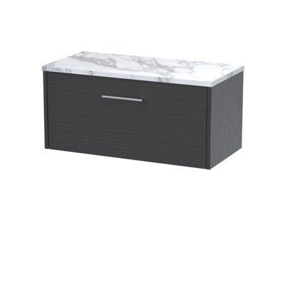 Hudson Reed Juno Wall Hung Single Soft Close Drawer Vanity Unit With Laminate Worktop In Graphite Grey Woodgrain Finish, 805mm - image 1