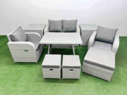 Fimous Light Grey Pe Wicker Rattan Garden Furniture Set Sofa Set  3 Stools 2 Side Tables - thumbnail 2