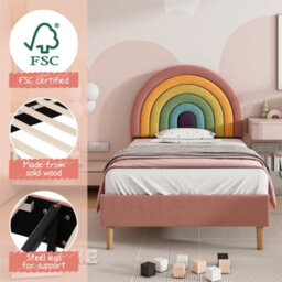 Abrihome Upholstered Single Bed With Slatted Frame And Height Adjustable Headboard For Adults And Teenagers, Velvet, Pink - thumbnail 2