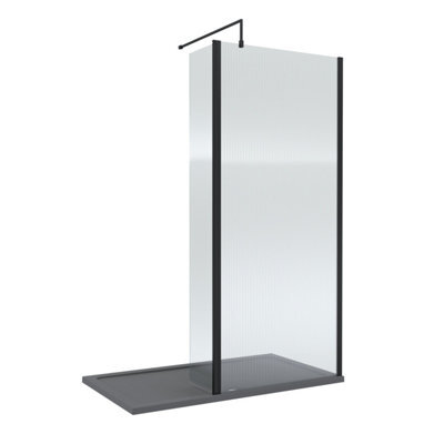 Balterley 8mm Fluted Glass Walk In Wetroom Screen And Hinged Return With Black Profile And Grey Shower Tray - 1400 X 900mm - image 1