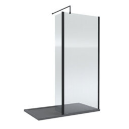 Balterley 8mm Fluted Glass Walk In Wetroom Screen And Hinged Return With Black Profile And Grey Shower Tray - 1400 X 900mm - thumbnail 1