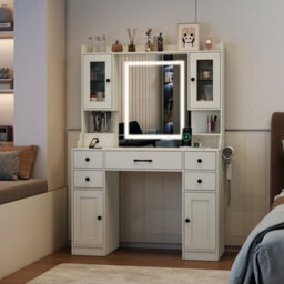 Costway Vanity Desk With Mirror And Lights Modern Dressing Table With Charging Station