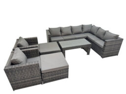 Fimous Outdoor Rattan Oblong Coffee Table Corner Sofa Sets Garden Furniture Set With 2 Chairs 2 Big Stools Dark Grey Mixed - thumbnail 1