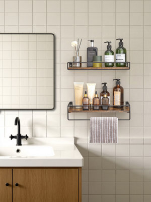 LEDREM Set Of 2 Bathroom Floating Shelves, Wall Shelves With Towel Rack, Wood Shelves For Wall, Rustic Brown And Black - image 1