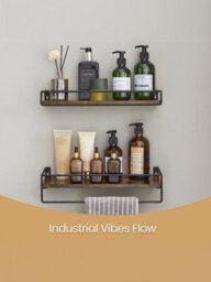 LEDREM Set Of 2 Bathroom Floating Shelves, Wall Shelves With Towel Rack, Wood Shelves For Wall, Rustic Brown And Black - thumbnail 3