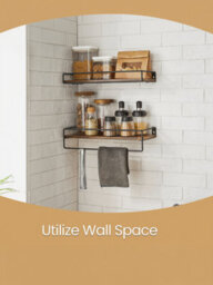 LEDREM Set Of 2 Bathroom Floating Shelves, Wall Shelves With Towel Rack, Wood Shelves For Wall, Rustic Brown And Black - thumbnail 4