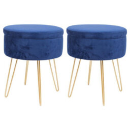 Harbour Housewares 2X Velvet Storage Footstools - Round Modern Dressing Table Footstool Vanity Seat Chair - 45 X 36Cm Blue/gold