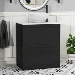 Royal Bathrooms Royal Bathroom Elmore 700mm Matt Nocturne Black Freestanding Bathroom Vanity Unit 2 Drawer Plain White Worktop With Breeze Basin - thumbnail 1