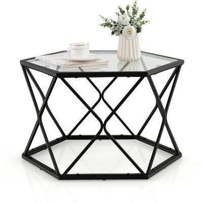 Costway Geometric Glass Coffee Table Hexagonal End Table W/ Tempered Glass Top - image 1