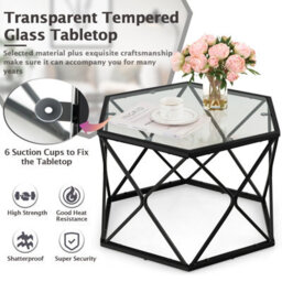Costway Geometric Glass Coffee Table Hexagonal End Table W/ Tempered Glass Top - thumbnail 7