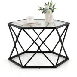 Costway Geometric Glass Coffee Table Hexagonal End Table W/ Tempered Glass Top