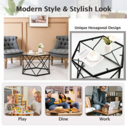 Costway Geometric Glass Coffee Table Hexagonal End Table W/ Tempered Glass Top - thumbnail 8