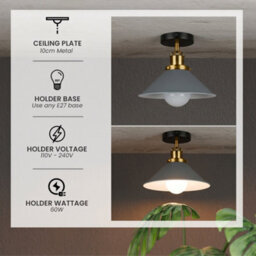 Semi Flush Ceiling Light 22Cm Cone Shade E27 Base Harwired Lighting Fixture For Bedroom Dining Room Hallway Kitchen Grey With Bulb - thumbnail 7