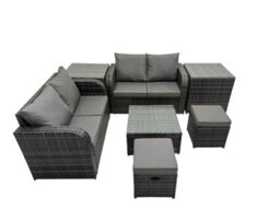Fimous Rattan Garden Outdoor Furniture Set Love Sofa Square Coffee Table Set With 2 Side Tables 2 Small Stools Dark Grey Mixed - thumbnail 1