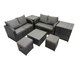 Fimous Rattan Garden Outdoor Furniture Set Love Sofa Square Coffee Table Set With 2 Side Tables 2 Small Stools Dark Grey Mixed - thumbnail 2