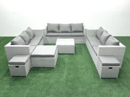 Fimous Rattan Garden Outdoor Furniture Set 12 Seater Rattan Garden Sofa Set 3 Stools Light Grey - thumbnail 2