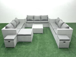 Fimous Rattan Garden Outdoor Furniture Set 12 Seater Rattan Garden Sofa Set 3 Stools Light Grey - thumbnail 1