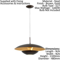 Elegant Brown And Gold Pendant Ceiling Light With E27 Bulb Compatibility - thumbnail 2