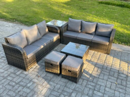 Fimous Indoor Outdoor Rattan Garden Furniture 8 Seater Set Table Sofa Chair Patio Conservatory With Grey Cushions Side Table - thumbnail 1
