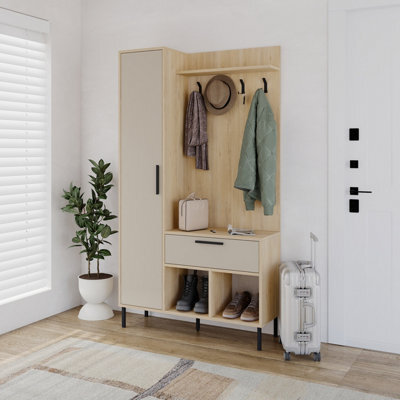 Decortie Hall Tree 108X195.3Cm 1-Drawer And 1-Door Storage Cabinet, 4 Metal Coat Hooks Sturdy Metal Legs, Hallway Oak, Sandstone - image 1