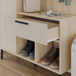 Decortie Hall Tree 108X195.3Cm 1-Drawer And 1-Door Storage Cabinet, 4 Metal Coat Hooks Sturdy Metal Legs, Hallway Oak, Sandstone - thumbnail 5