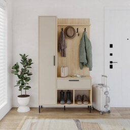 Decortie Hall Tree 108X195.3Cm 1-Drawer And 1-Door Storage Cabinet, 4 Metal Coat Hooks Sturdy Metal Legs, Hallway Oak, Sandstone - thumbnail 4