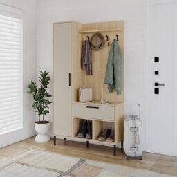 Decortie Hall Tree 108X195.3Cm 1-Drawer And 1-Door Storage Cabinet, 4 Metal Coat Hooks Sturdy Metal Legs, Hallway Oak, Sandstone - thumbnail 1
