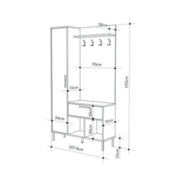 Decortie Hall Tree 108X195.3Cm 1-Drawer And 1-Door Storage Cabinet, 4 Metal Coat Hooks Sturdy Metal Legs, Hallway Oak, Sandstone - thumbnail 3